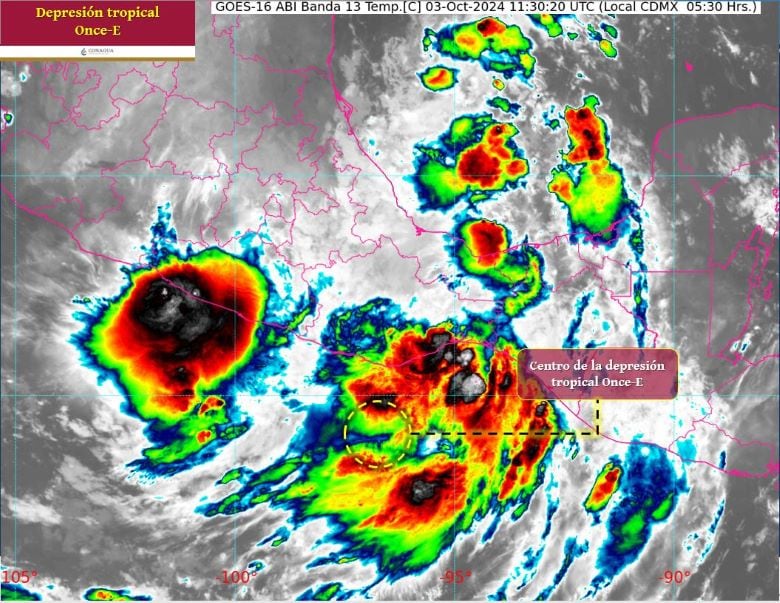 Mapa que muestra dónde está el centro de la Depresión Tropical Once-E