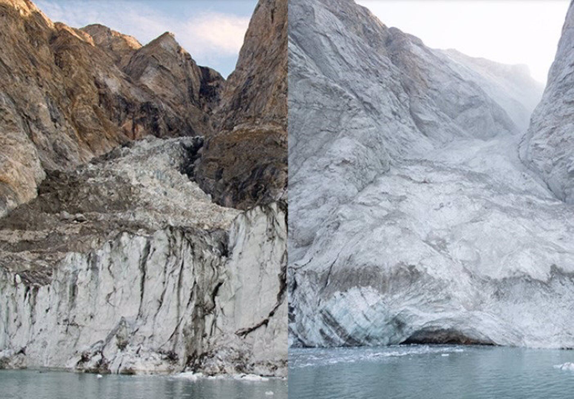 Antes y después del delizamiento de tierra que provocó el megatsunami en Groenlandia (Ejército Danés)