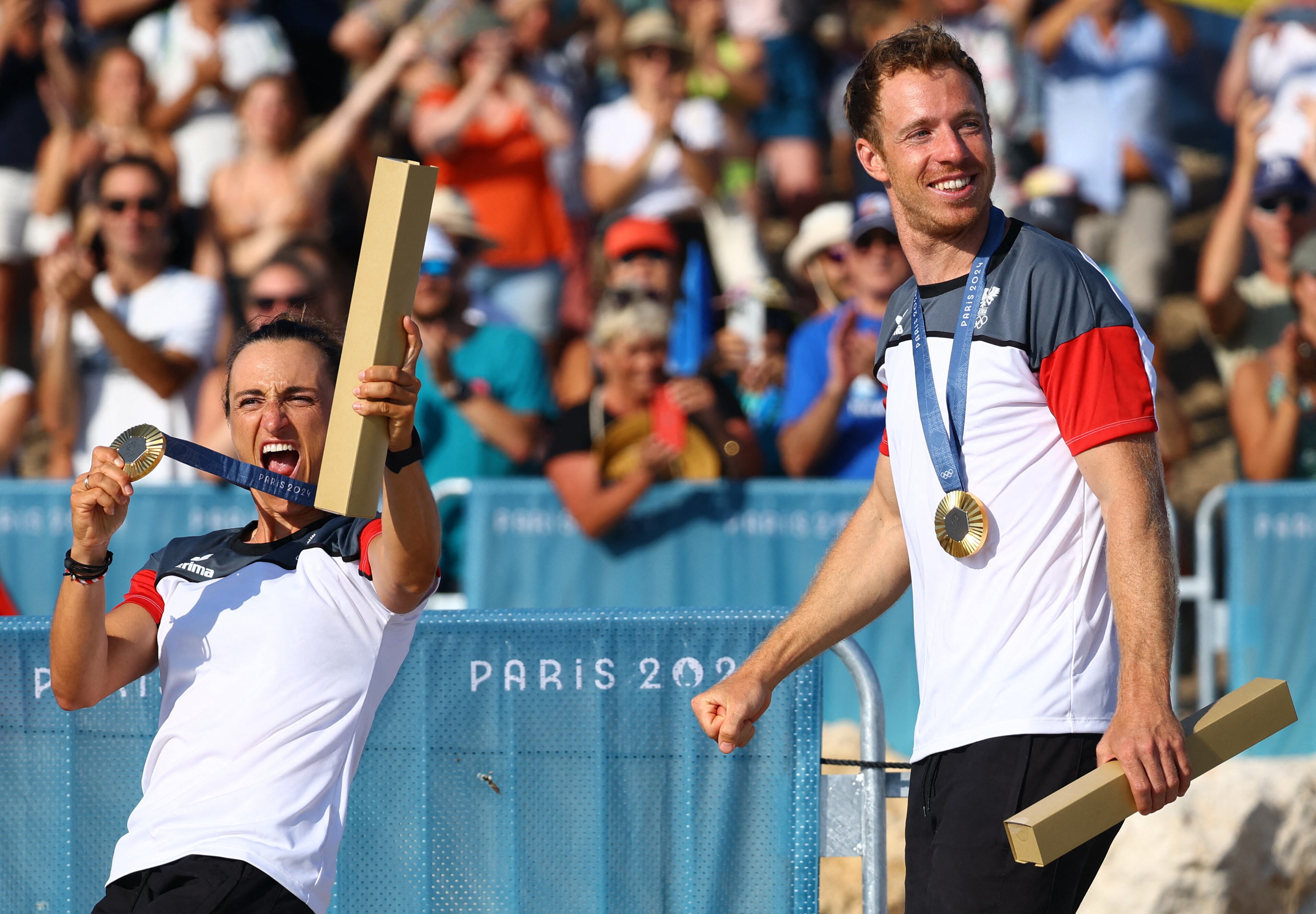 Lara Vadlau y Lukas Maehr fueron campeones olímpico de vela en París 2024 (REUTERS/Lisi Niesner)