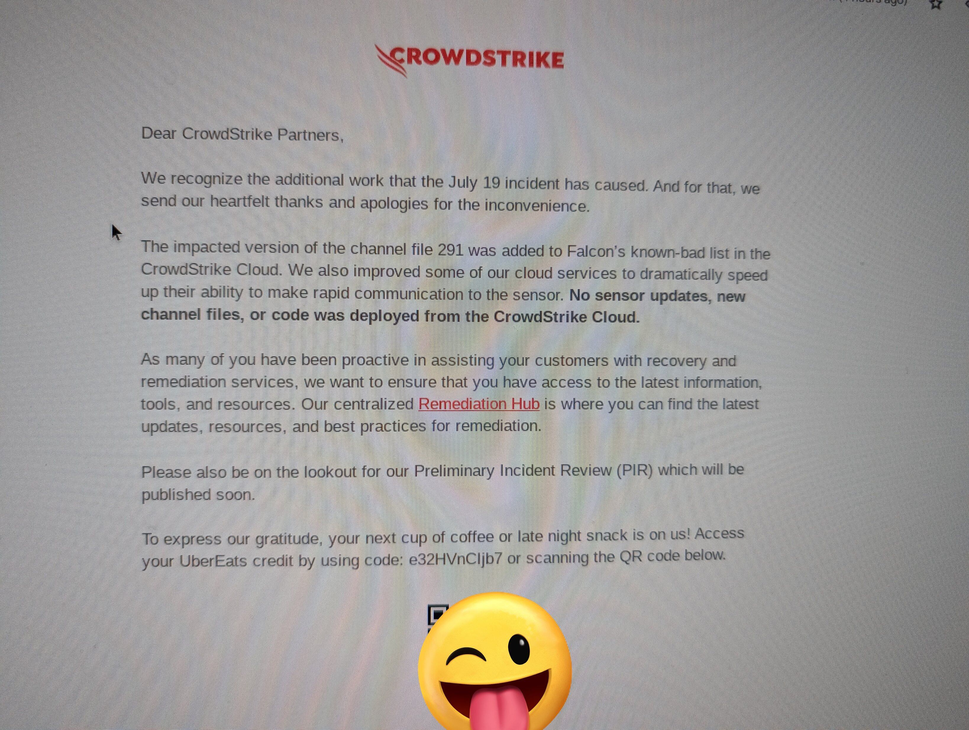 CrowdStrike estaría enviando créditos de UberEats como disculpa. (X: 64Uni_Lions)