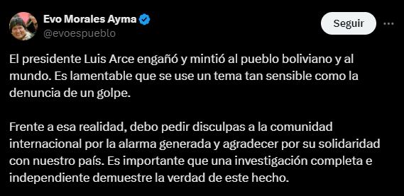 Evo Morales aseguró que Luis Arce mintió con el intento de golpe de Estado - crédito @evoespueblo/X