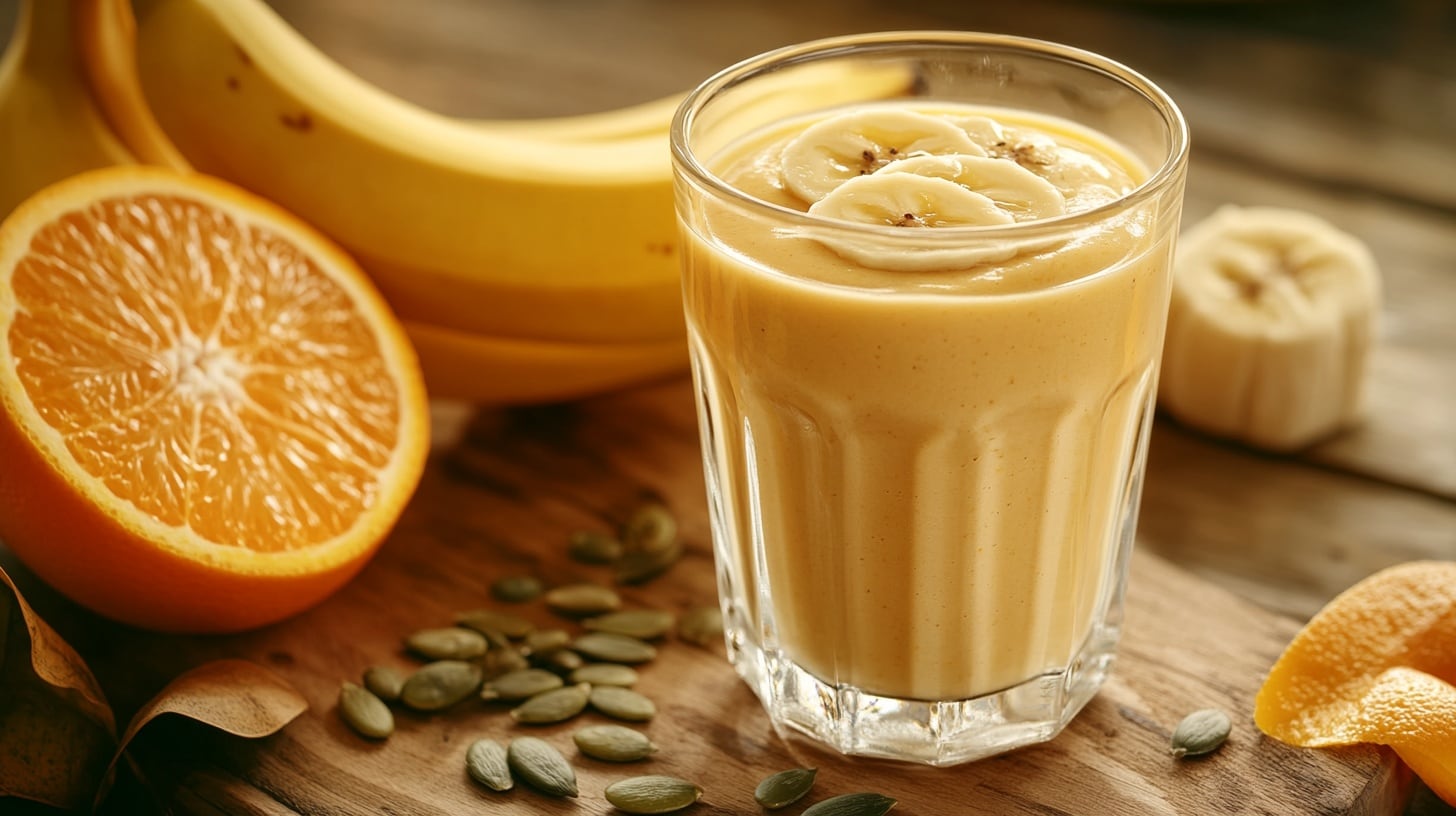 Licuado de plátano, naranja y semillas de calabaza, bebida nutritiva y saludable, rica en vitaminas y fibra, ideal para el desayuno - (Imagen Ilustrativa Infobae)