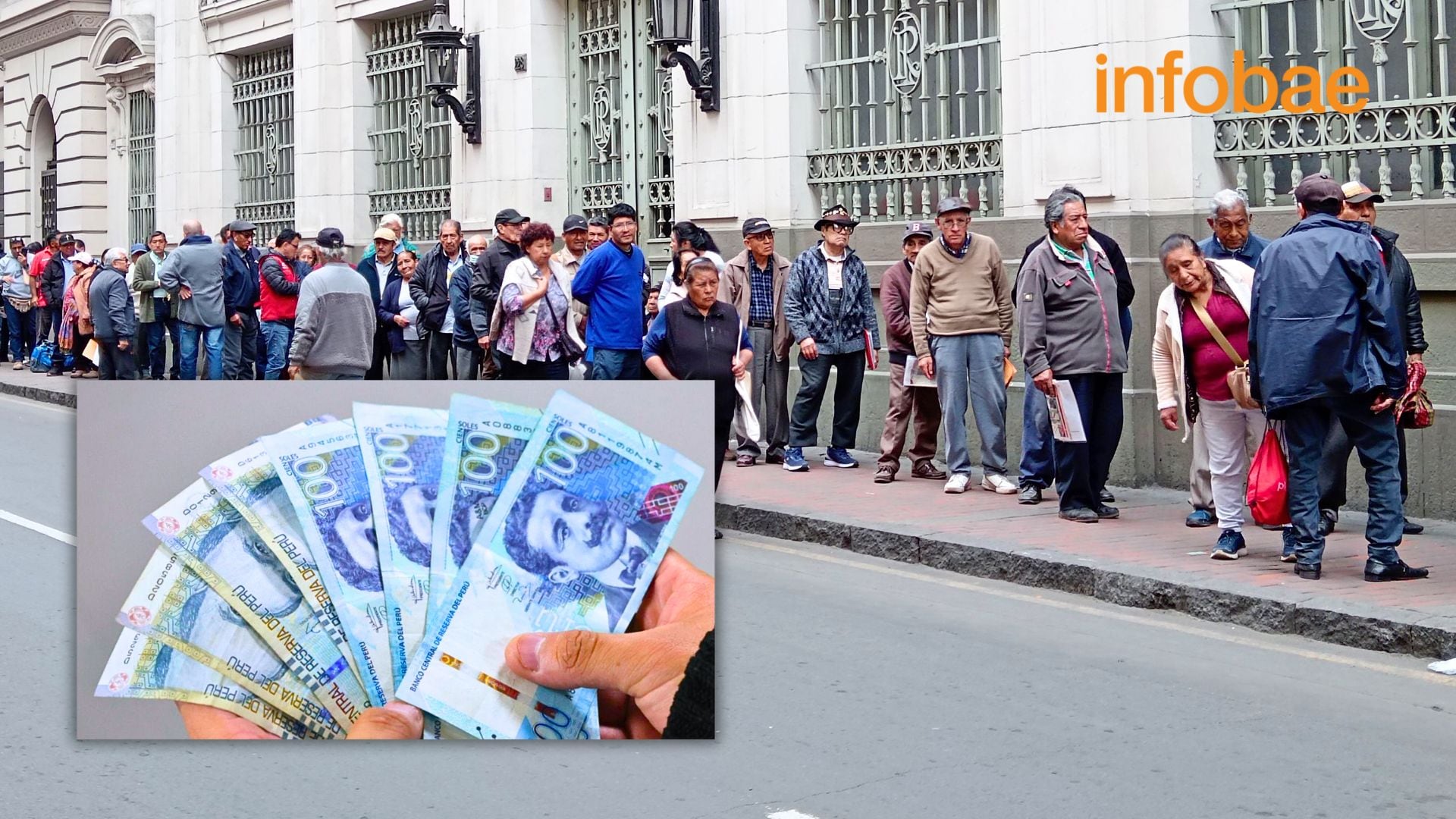 Fonavistas haciendo cola en centro de Lima y mano con billetes de 100 soles