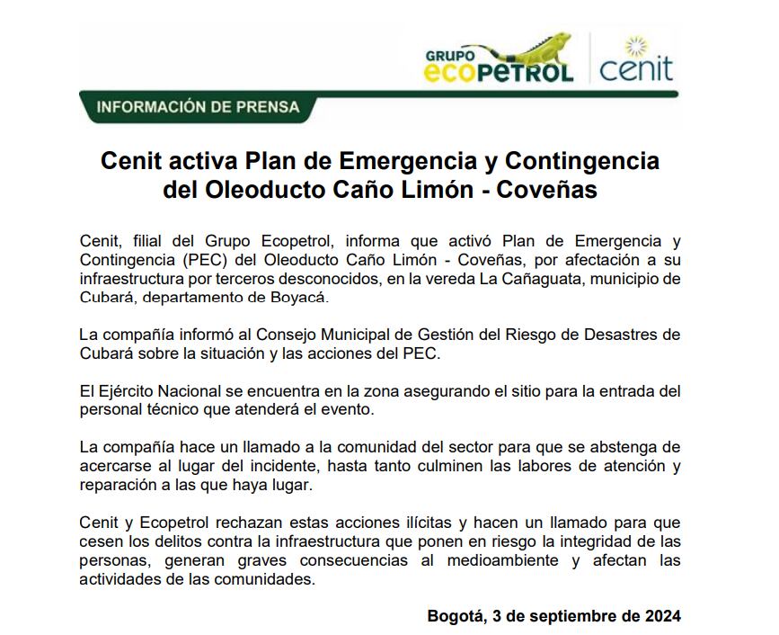 Ecopetrol activó plan de emergencia por ataque del ELN - crédito Ecopetrol