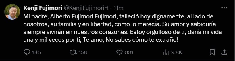 Kenji Fujimori lamentó la muerte de Alberto Fujimori. (Fuente: X/ @KenjiFujimoriH)