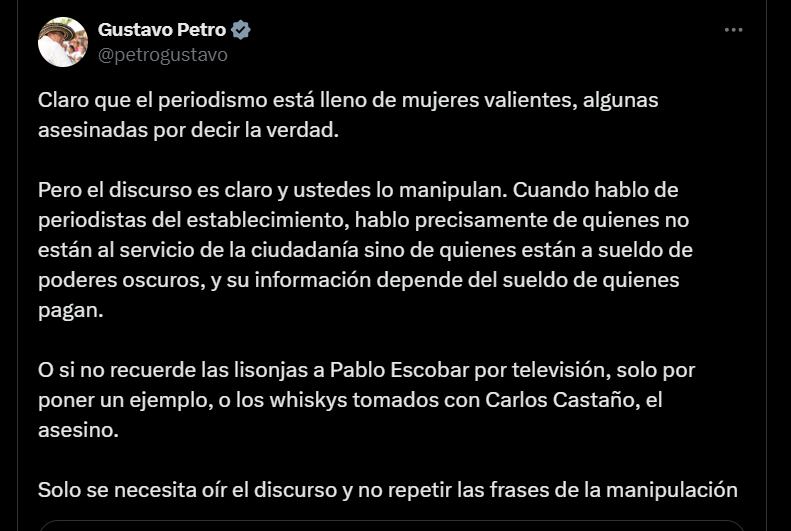 Gustavo Petro sobre su polémico discurso, donde afirmó que algunas periodistas son "muñecas de la mafia" - crédito @petrogustavo/X