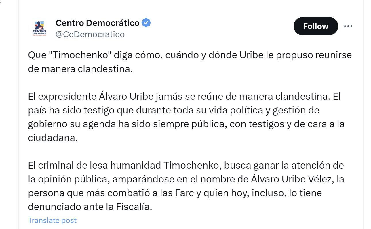 El partido Centro Democrático salió en defensa de Álvaro Uribe por declaraciones de Rodrigo Londoño - crédito @CeDemocratico/X