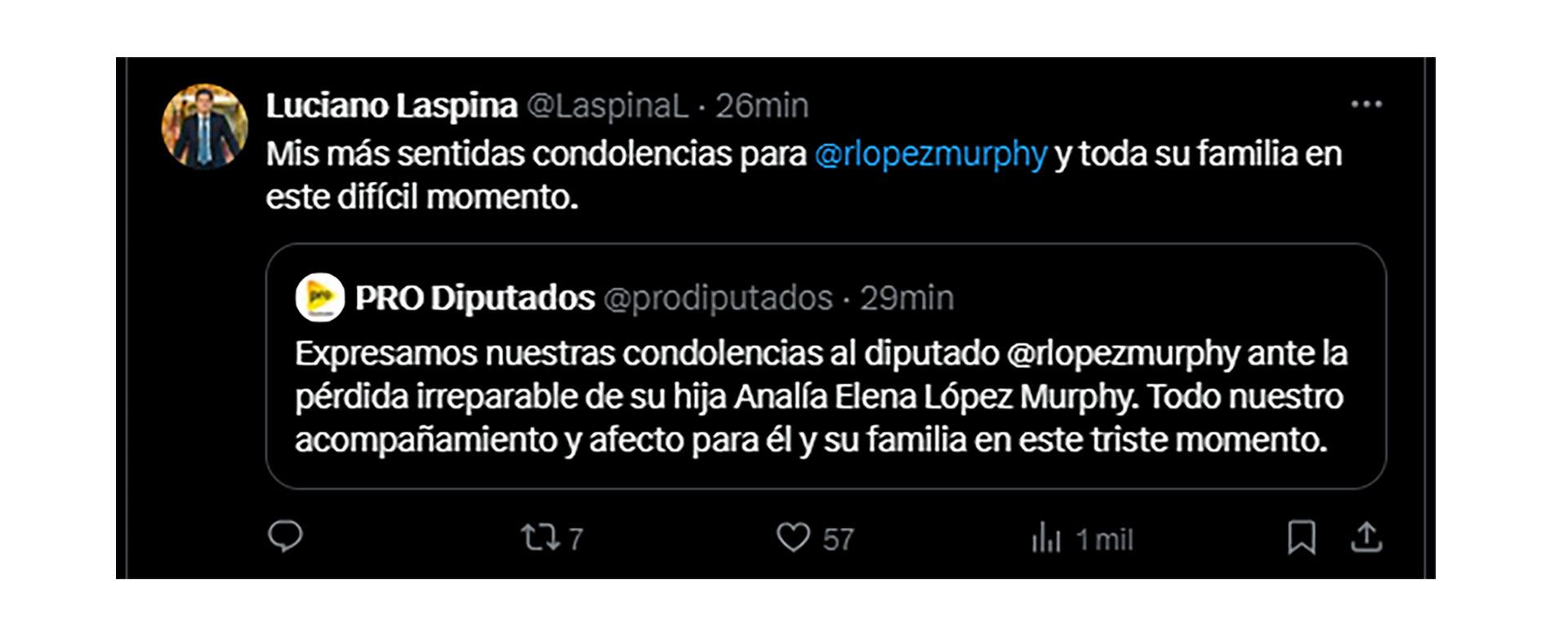 Mensajes por la muerte de la hija de Lopez Murphy