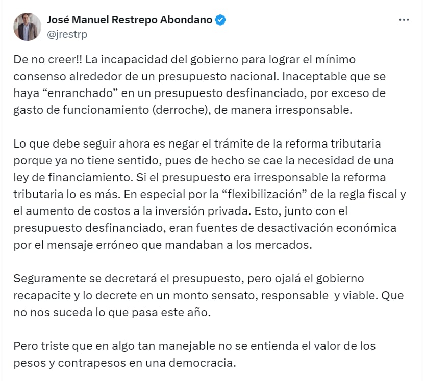 Arremetida de José Manuel Restrepo a Gobierno Petro por PGN 2025 - crédito X