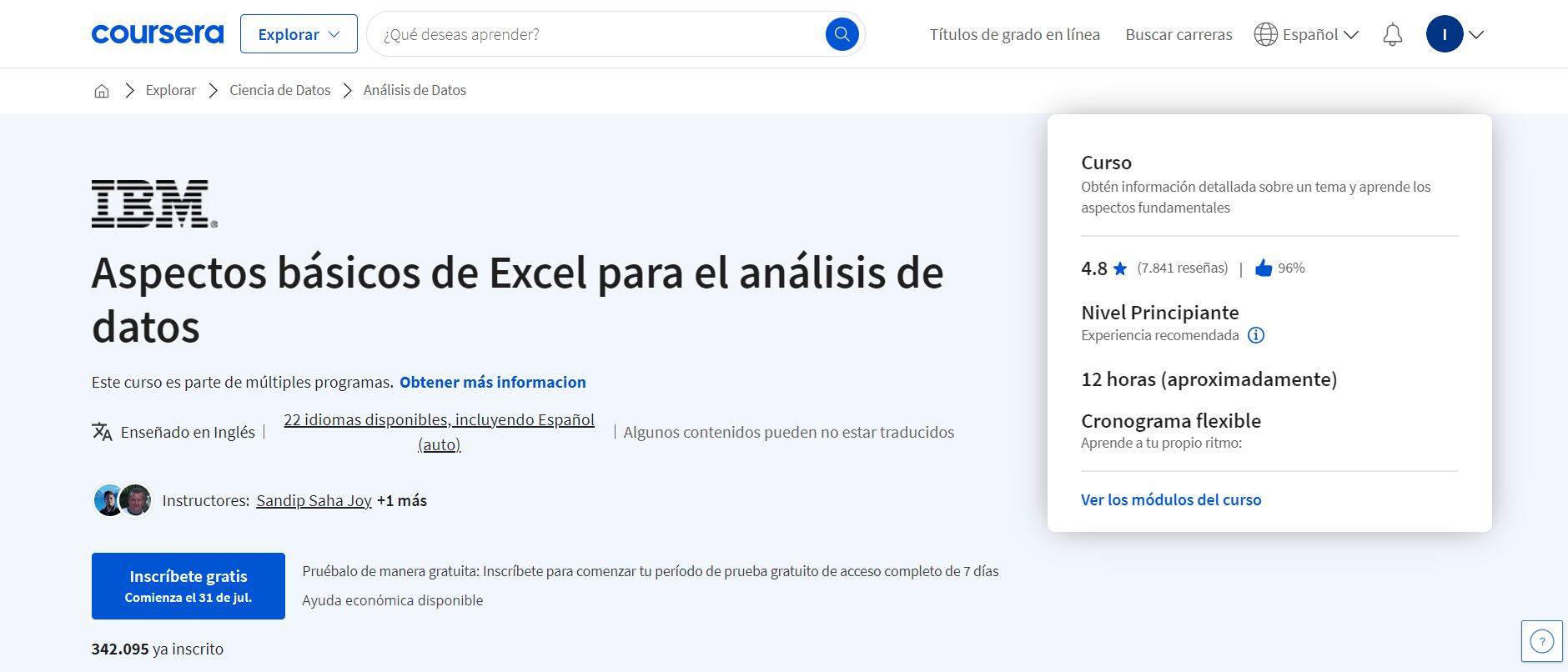 IBM proporciona un curso de Excel mediante la plataforma de Coursera. (Coursera)