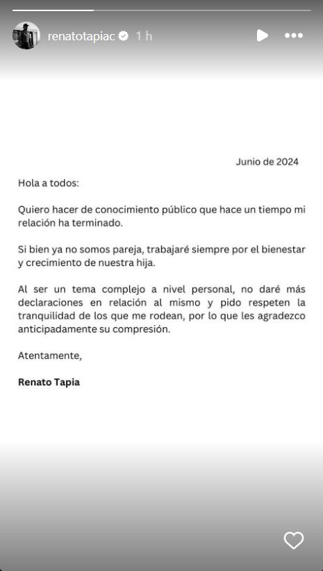 Renato Tapia anuncia su separación de Amelia Cordero.