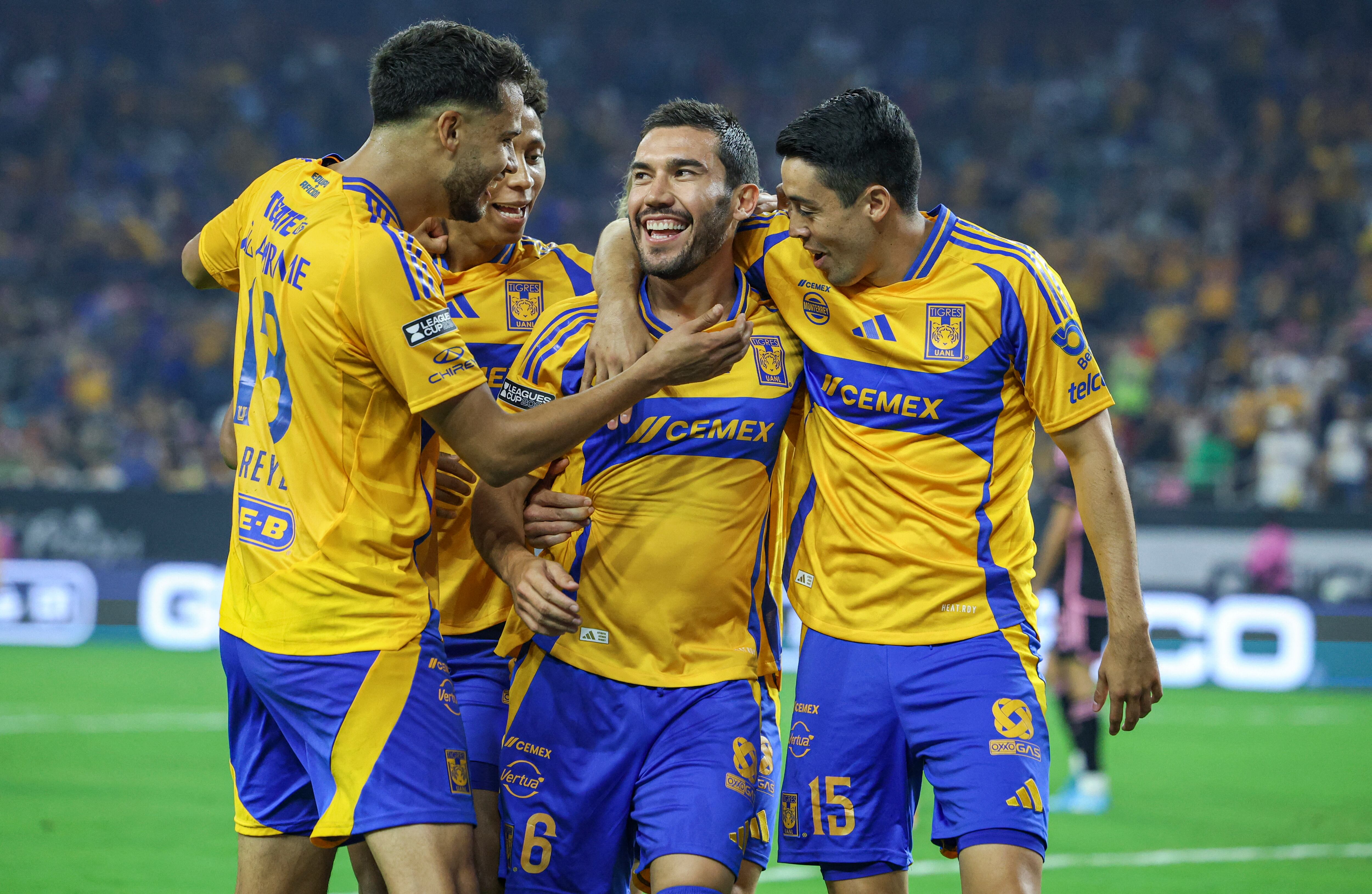 Aug 3, 2024; Houston, Texas, USA;  Tigres UANL midfielder Juan Pablo Vigon (6) celebrates with teammates after scoring a goal during the second half against Inter Miami CF at NRG Stadium. Mandatory Credit: Troy Taormina-USA TODAY Sports