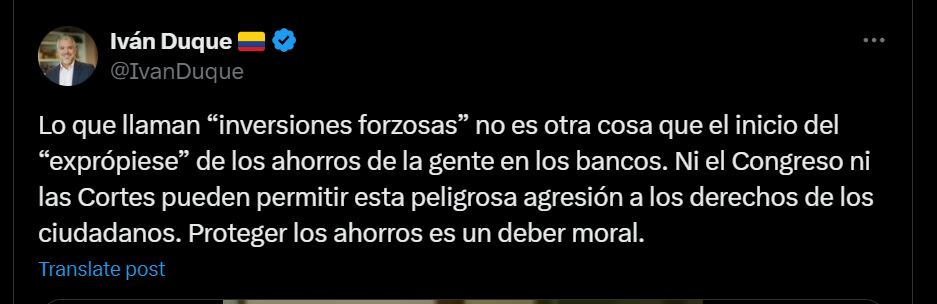 Este fue el mensaje de Gustavo Duque por el que el presidente afirmó que estaba incurriendo en pánico financiero - crédito @IvanDuque/X