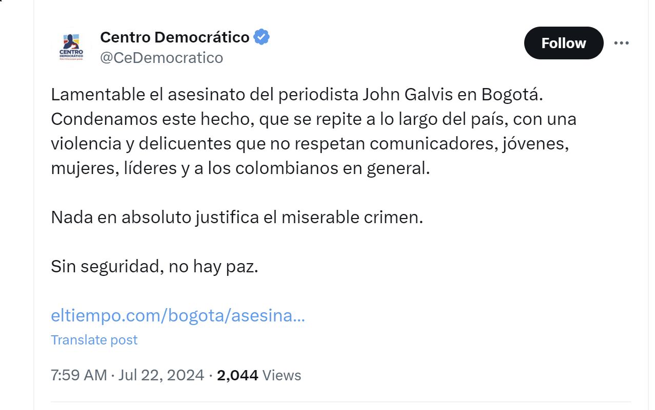 El Centro Democrático rechazó asesinato de periodista en Bogotá -crédito @CeDemocratico/X