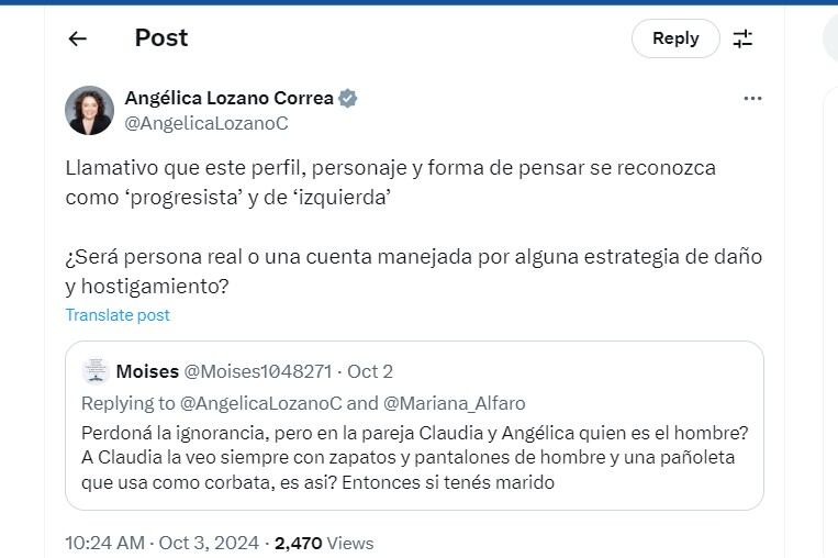 Angélica Lozano respondió a un perfil de X que se fue en contra de Claudia López - crédito @AngelicaLozanoC