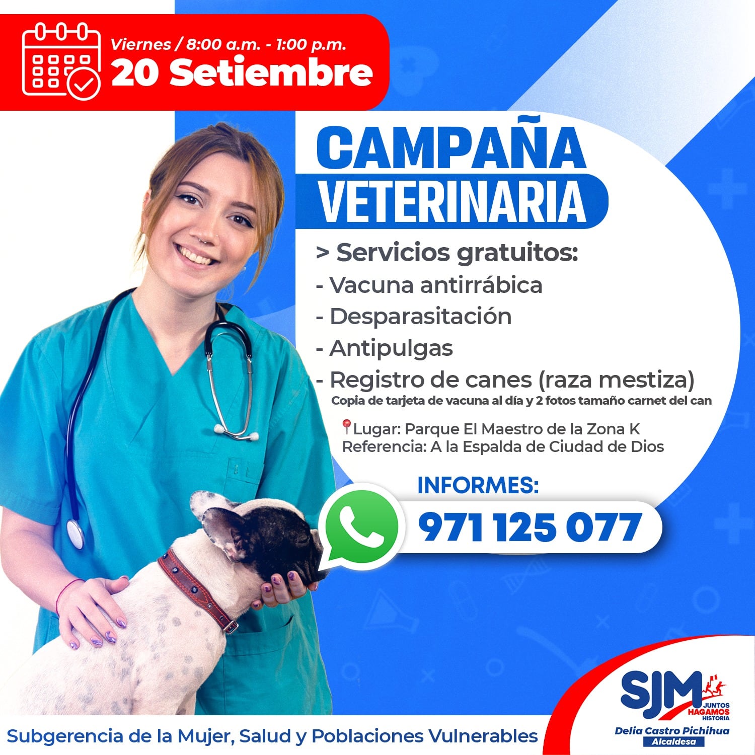 Anuncian campaña veterinaria gratuita en San Juan de Miraflores para el viernes 20 de septiembre. (Foto: Municipalidad de San Juan de Miraflores/ FB: @MuniDeSJM)