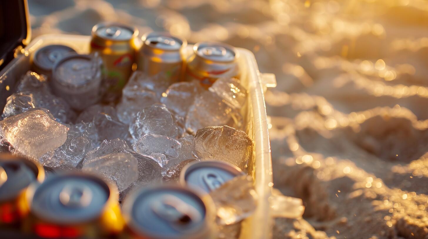 Hielera colorida con una variedad de cervezas y bebidas frías en la playa, simbolizando la relajación y el disfrute de las vacaciones. La foto ilustra cómo las bebidas refrescantes realzan los momentos de ocio y descanso en un ambiente vacacional. (Imagen ilustrativa Infobae)