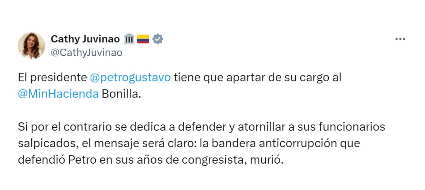 Cathy Juvinao pidió la renuncia del ministro de Hacienda