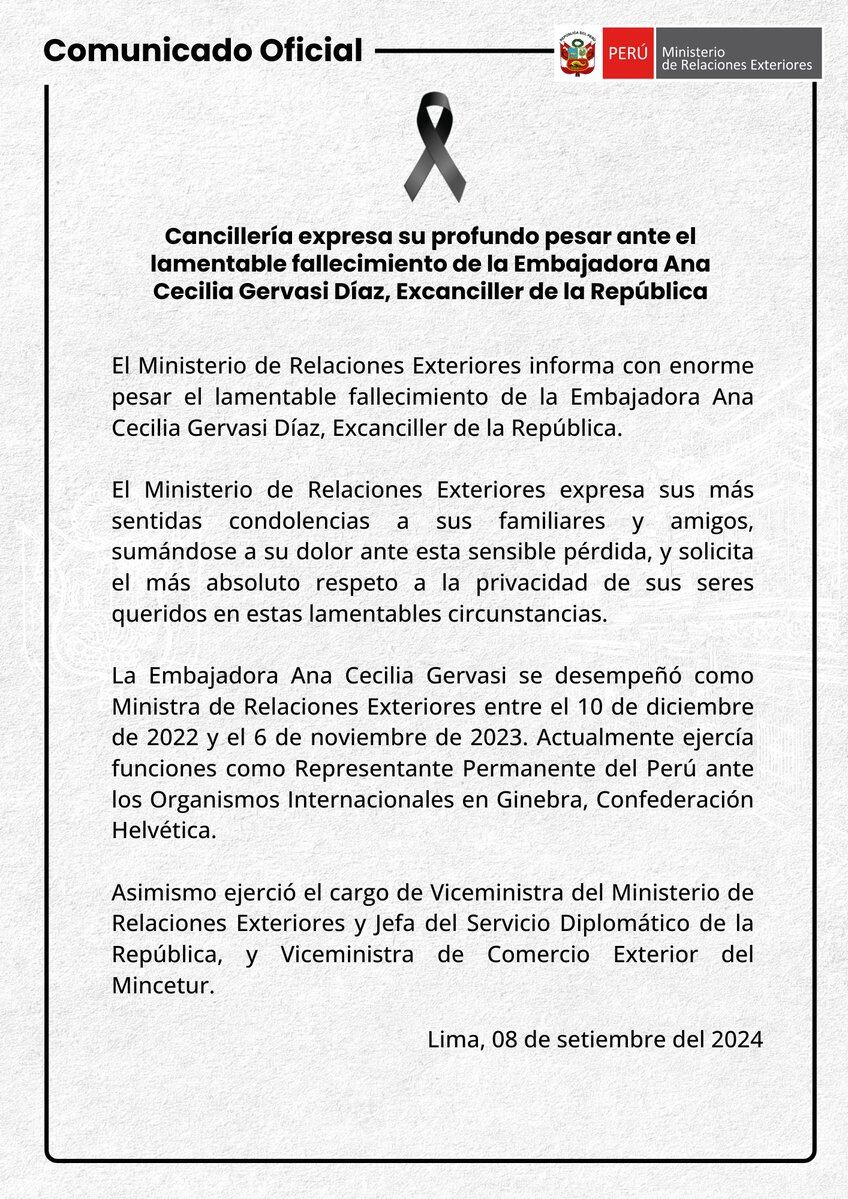 Comunicado oficial de la Cancillería por la muerte de la exministra de Relaciones Exteriores, Ana Cecilia Gervasi