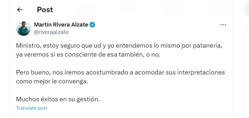 Martín Rivera Alzate  le responde al ministro de Educación Daniel Rojas - crédito @riveraalzate