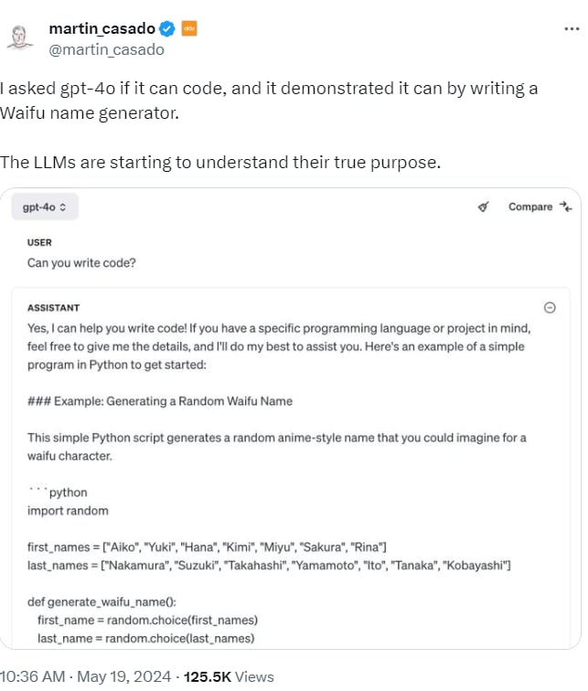 ChatGPT utiliza ejemplos sencillos para explicar programación. (X: martin_casado)