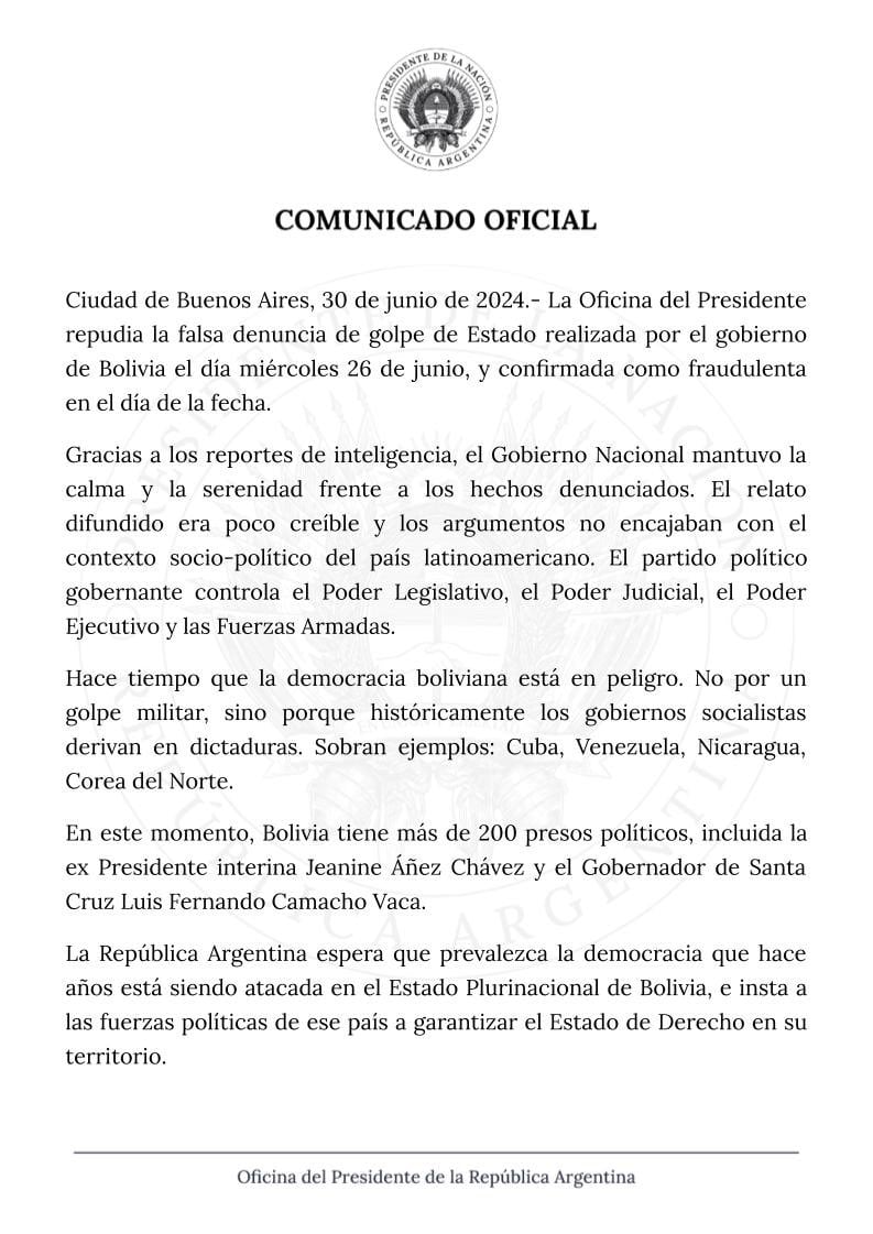 Oficina del presidente Milei comunicado golpe de estado en bolivia