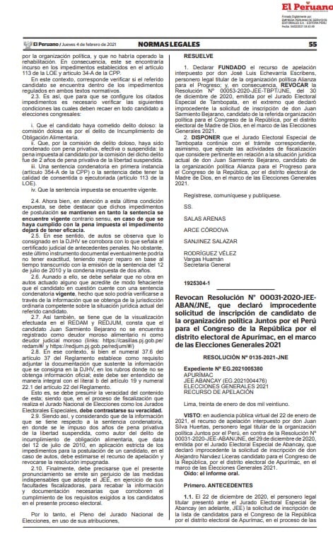 RESOLUCIóN Nº 0135-2021-JNE que revoca el impedimento para postular al Congreso de Alejandro Narváez, candidato hoy a la presidencia de Pettroperú.