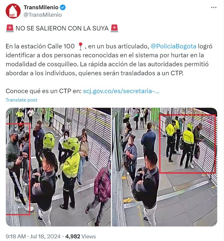 Los sujetos fueron llevados hasta un Centro de Traslado por Protección por comportamientos inapropiados contra la fuerza pública - crédito @TransMilenio/X