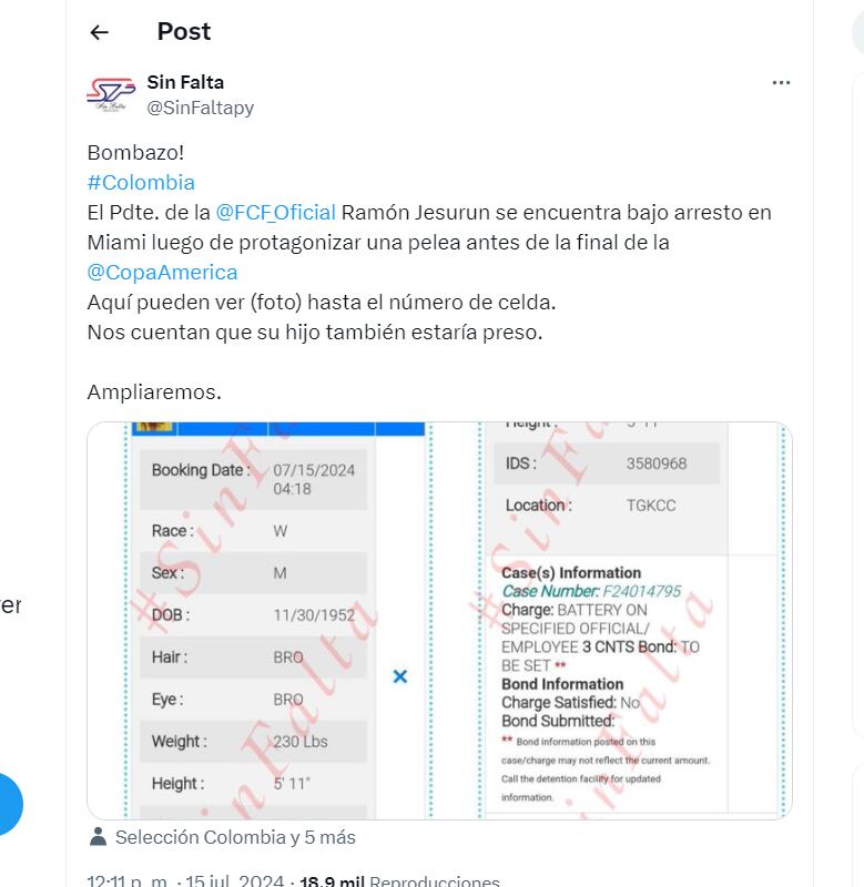 Supuesta detención de Ramón Jesurún en Miami por peleas en el estadio Hard Rock - crédito Sin Falta / X