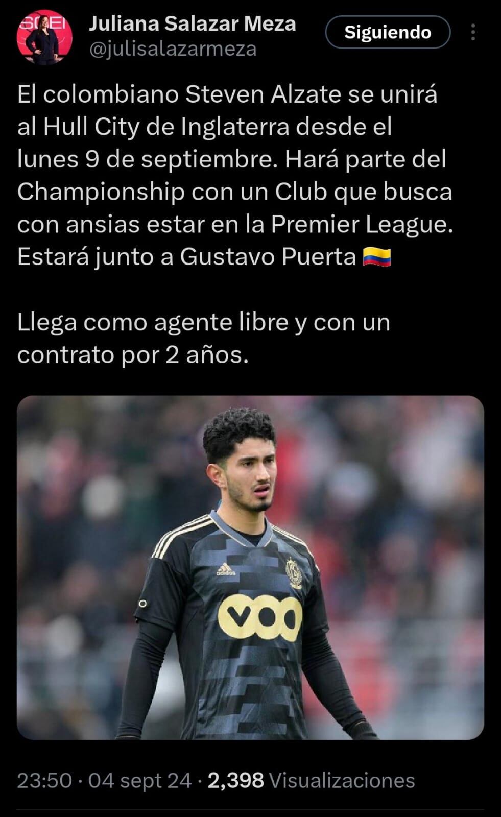 Así informó la presentadora de Sportscenter Colombia y periodista de ESPN sobre el posible arribo de Alzate al Hull City - crédito @julisalazarmesa / X