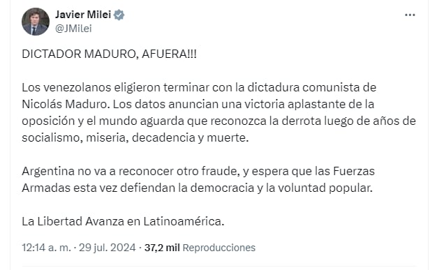 Elecciones en Venezuela Javier Milei tuit