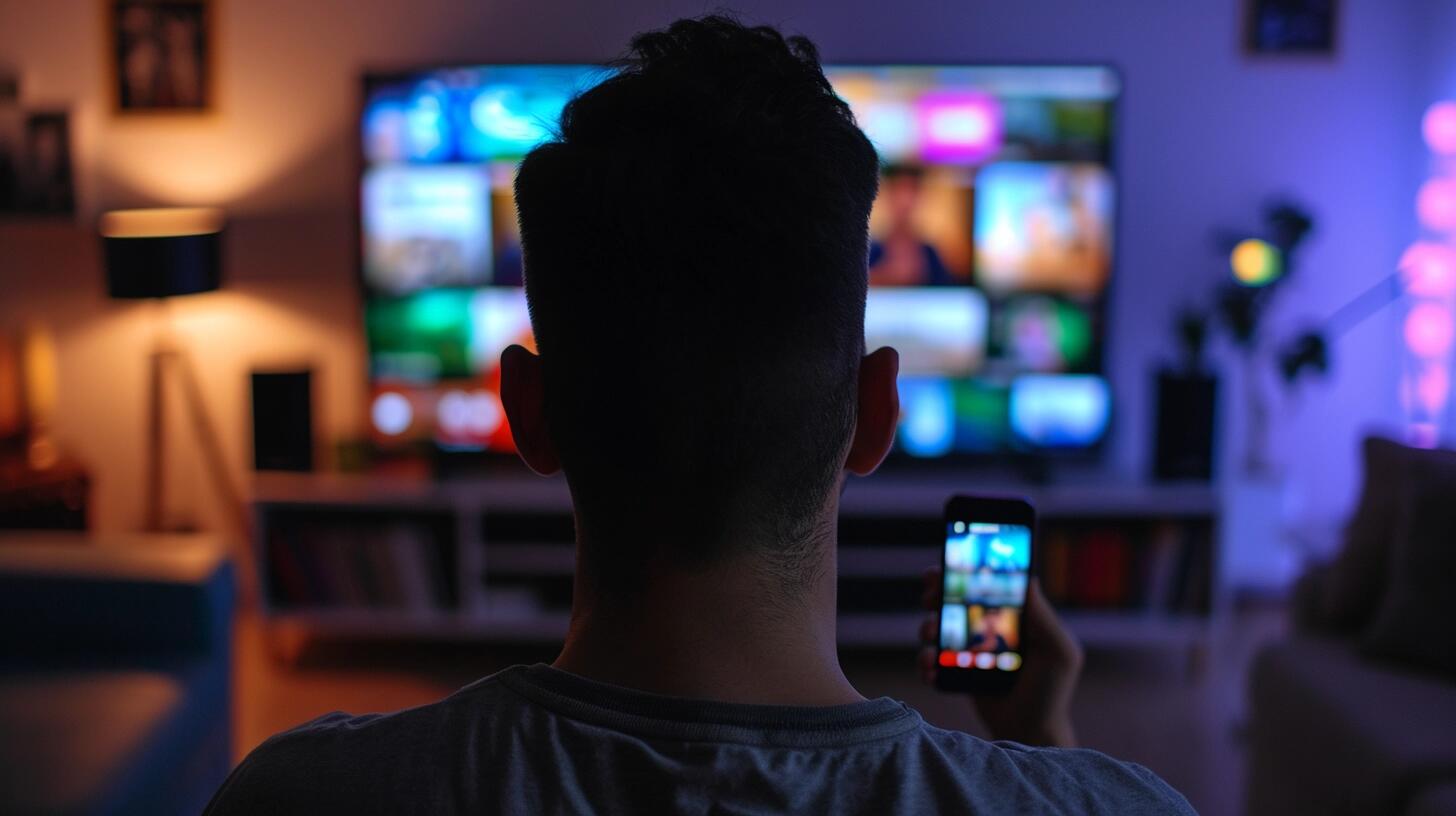 Un individuo concentrado en su teléfono móvil, con un televisor encendido en el fondo mostrando una película o serie. La imagen captura la realidad de cómo los smartphones y el acceso a internet y redes sociales han cambiado la manera en que interactuamos con los medios tradicionales, mostrando la tendencia de dividir nuestra atención entre distintas pantallas en nuestra vida diaria. (Imagen ilustrativa Infobae)