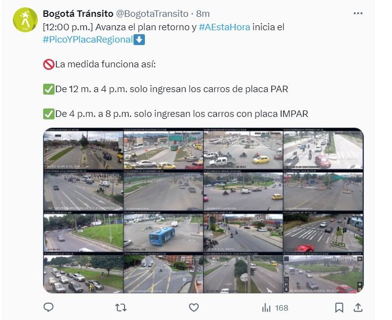 Autoridades informan que el Pico y Placa Regional empezó a aplicar desde las 12 del medio día - crédito @BogotaTransito