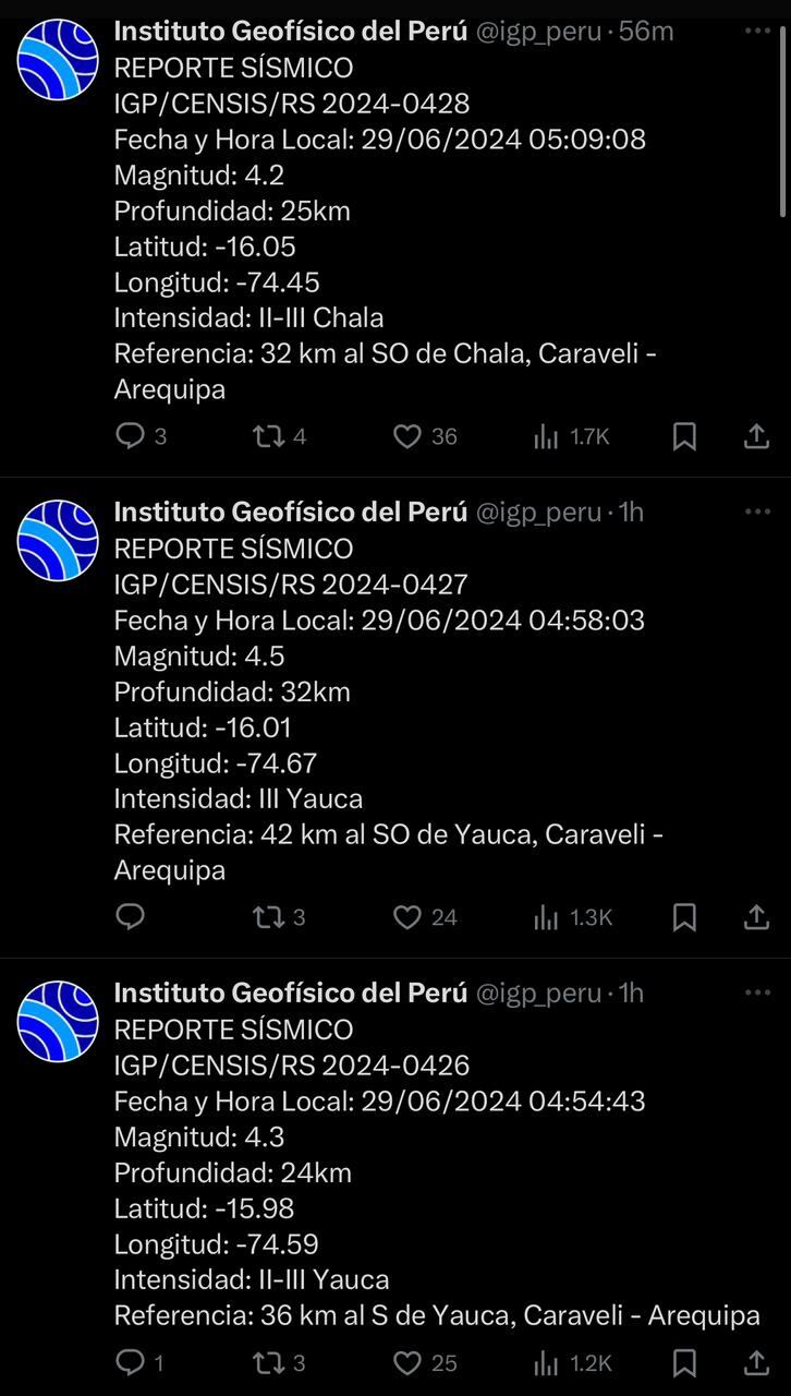 Reportan réplicas de sismo en Arequipa