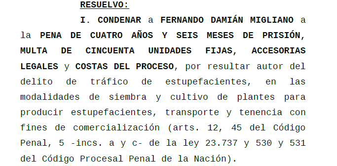 Fragmento de la condena a Fernando Migliano, dictada en diciembre de 2021