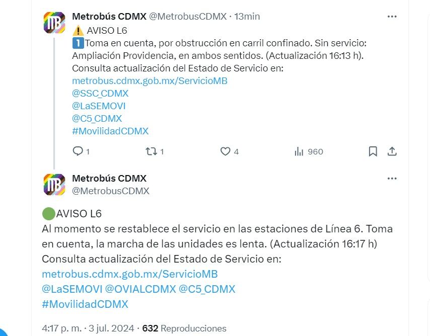 Metrobús CDMX  servicio hoy 3 julio