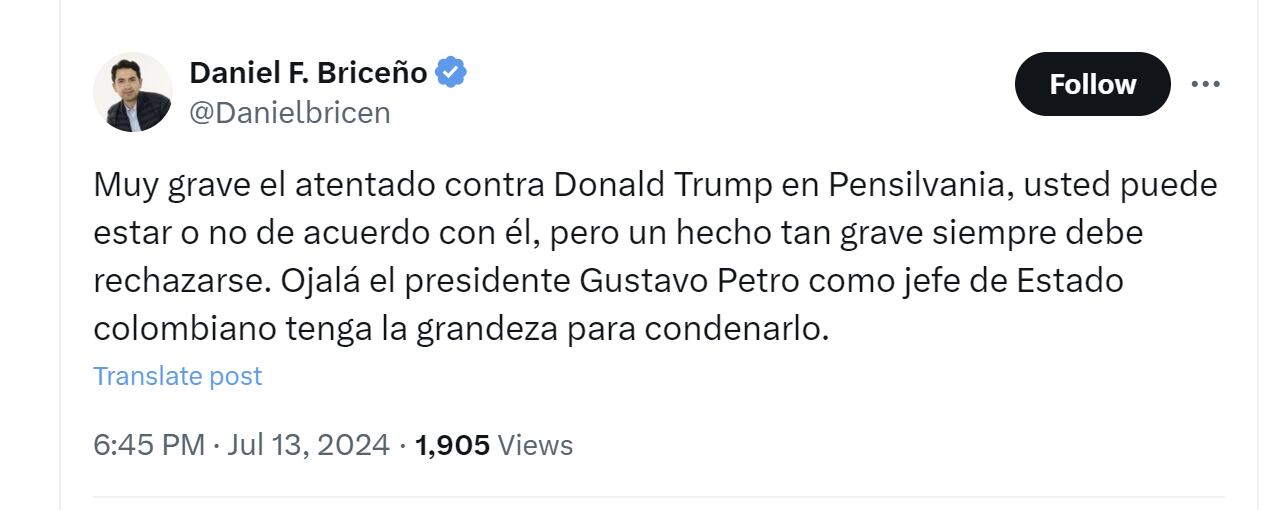 Daniel Briceño rechazó "atentado" contra Donald Trump - crédito @Danielbricen/X