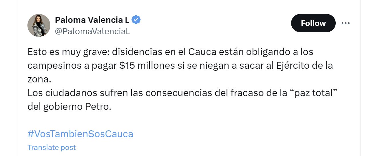 La congresista Paloma Valencia criticó la Paz Total del Gobierno Petro por inseguridad en Cauca - crédito @PalomaValenciaL/X