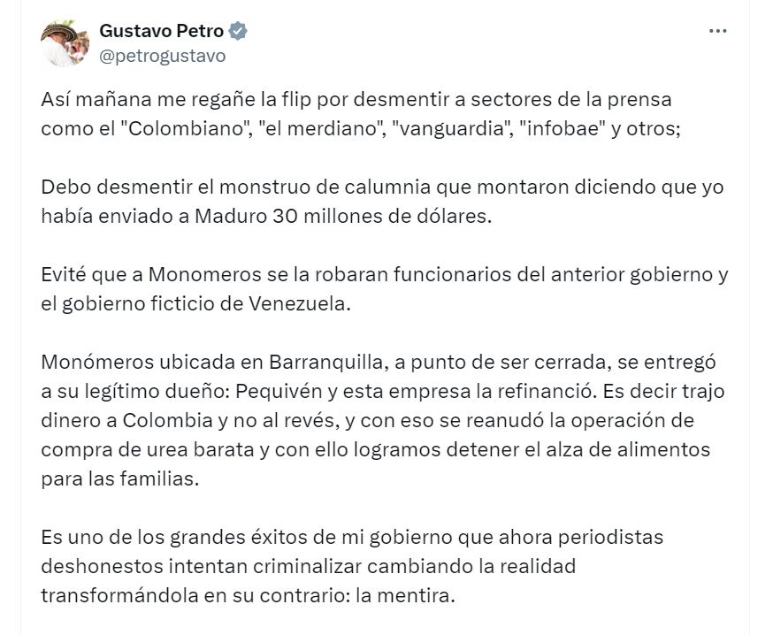 Petro habla de supuesta financiación de Monómeros a Maduro - crédito @petrogustavo/X