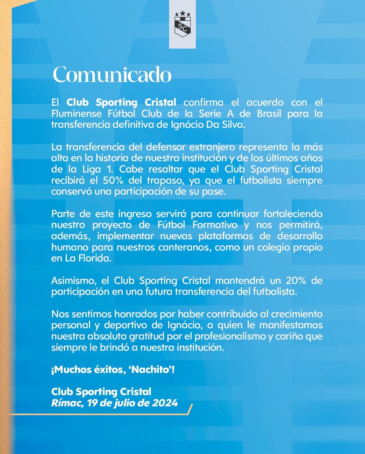 Emotiva publicación de Sporting Cristal despidiéndose de Ignácio da Silva, antes de ser oficializado por Fluminense.