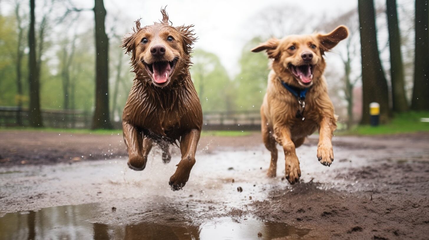 Imagen de perros jugando en un charco de lodo bajo la lluvia. Su alegría y vitalidad canina son evidentes en esta escena llena de diversión y cuidado. (Imagen ilustrativa Infobae)