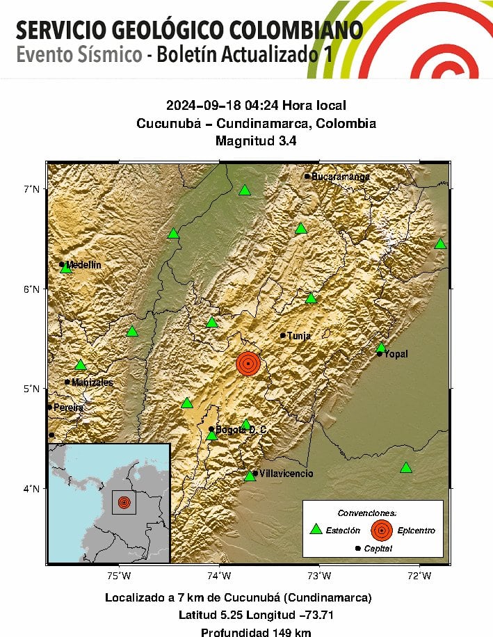 En Cundinamarca se presentó el primer movimiento telúrico del miércoles 18 de septiembre - crédito @sgcol/X