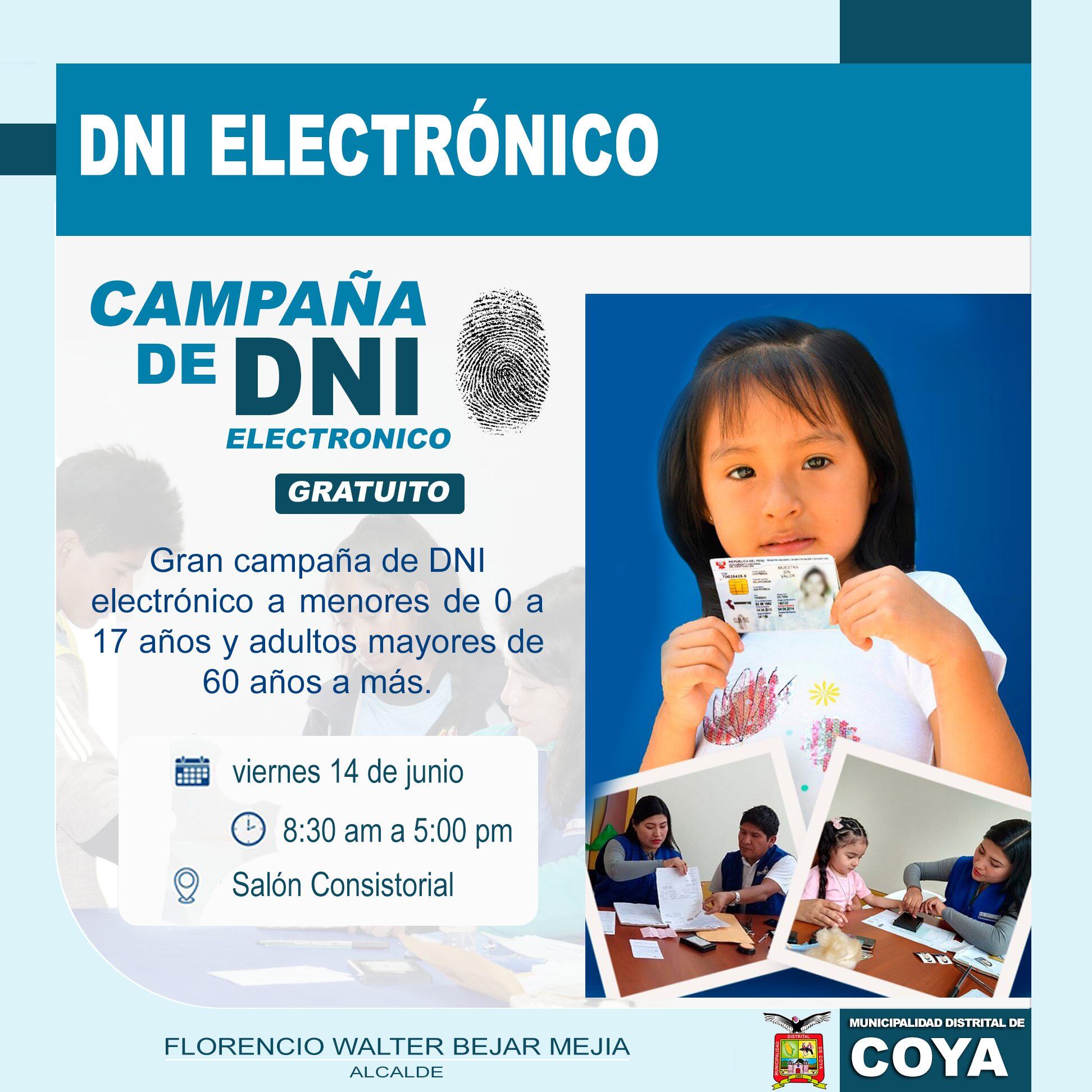 El distrito de Coya, en Cusco, tendrá una campaña de DNI electrónico gratuito para menores de edad y adultos mayores.