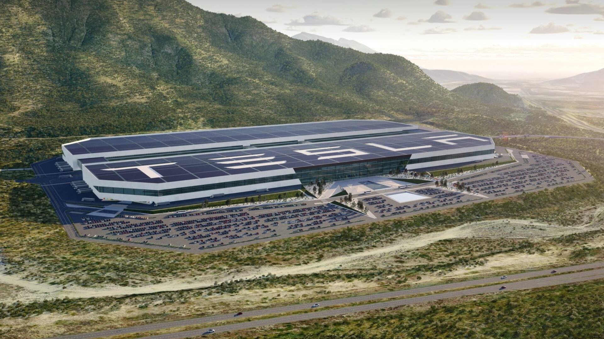 Imagen de la Gigafactory que Tesla construiría en Santa Catarina, Nuevo León