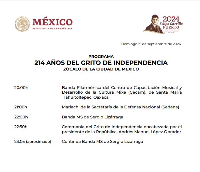 programa oficial Grito Independencia AMLO - 15 septiembre 2024