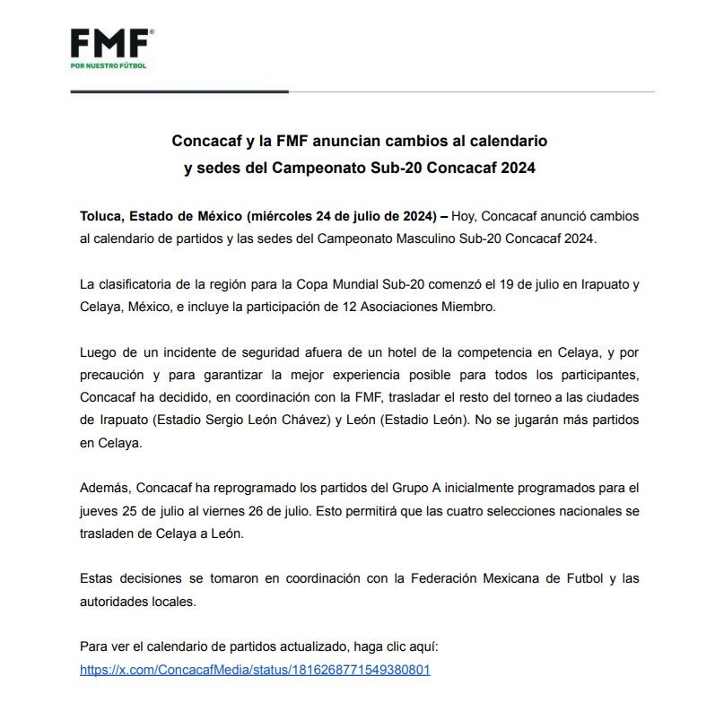 FMF y FIFA cambia sede del  Campeonato Masculino Sub-20 Concacaf 2024