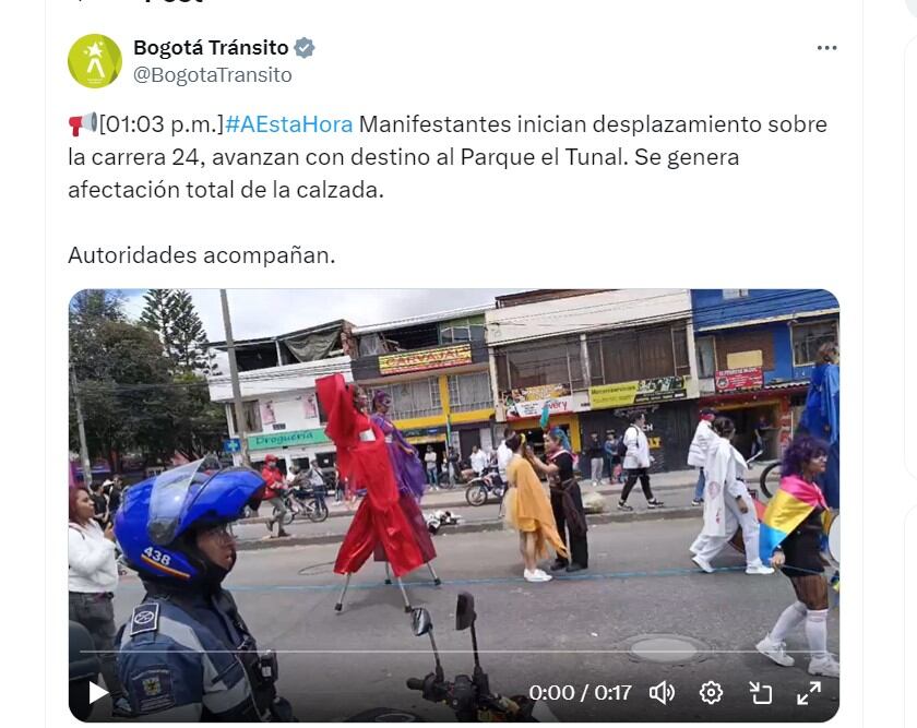 Bogotá Tránsito habla de una manifestación en la carrera 24 - crédito @BogotaTransito