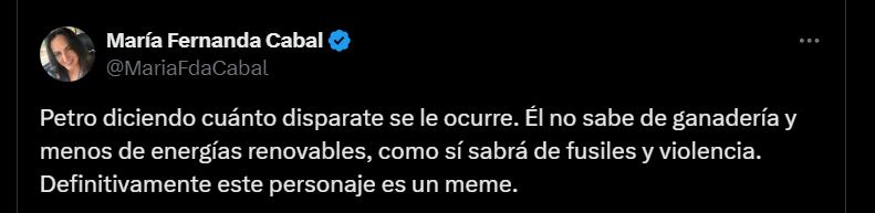 María Fernanda Cabal sobre la propuesta del presidente Gustavo Petro - crédito @MariaFdaCabal/X