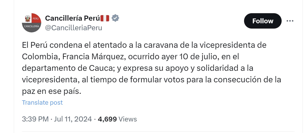 La Cancillería de Perú condenó ataque a la caravana de Francia Márquez - crédito @CancilleriaPeru/X