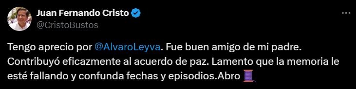 Juan Fernando Cristo le respondió al excanciller Álvaro Leyva - crédito @CristoBustos/X